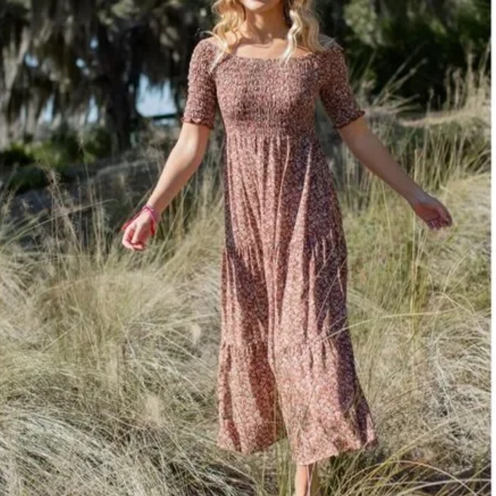 Natural Life Daisy Tiered Midi Dress in Rusty Floral Size XxSmall